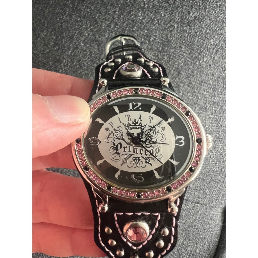 Disney Pirate Princess Watch Womens OS Black Leather‎ Cuff Studded Pink Crystal